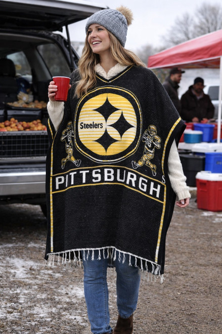 Pittsburgh Steelers Reversible Handmade Poncho - NFL Football Team