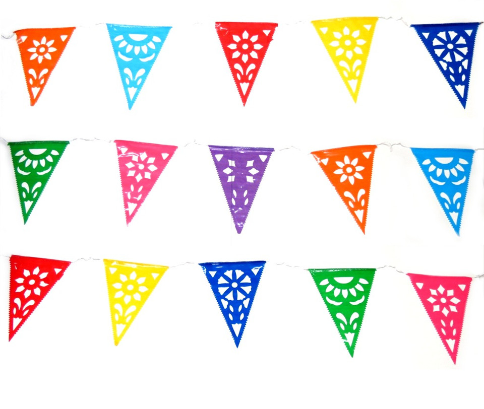 Mexican Party Fiesta Papel Picado Triangle Flags Plastic Banner 25 Ft Long 0032