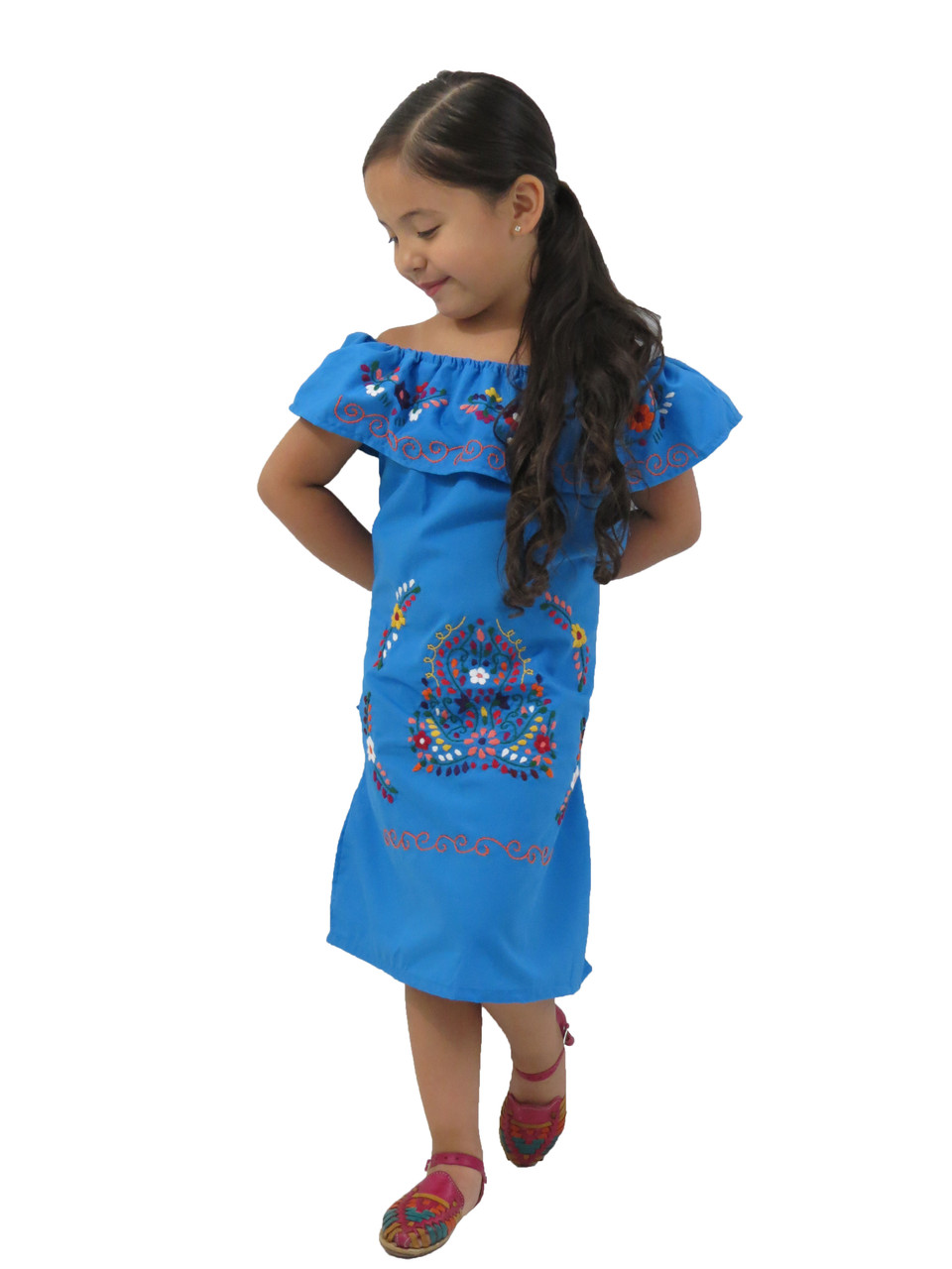 Artesanias FR Leos Girls Mexican Puebla Dress – Floral Embroidered Cotton Dress