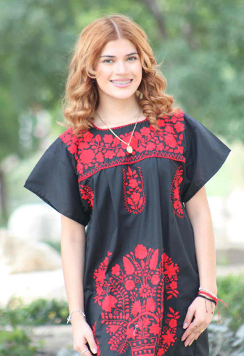 Handmade Black Puebla Mexican Dress with Red Floral Embroidery  Sizes S to  3XL