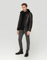 Dondup - Giacca biker in pelle nero con cappuccio in felpa