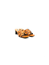 Bibi Lou - Sandalo con tacco in pelle arancio con rifiniture cioccolato