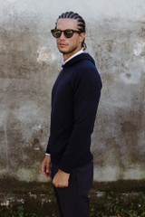 Gran Sasso - Maglia rasata in lana Super Geelong con cappuccio blu