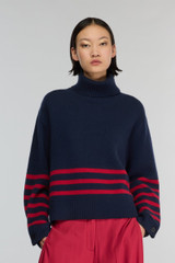 Semicouture - Maglia Elisa dolcevita in misto cachemire  blu a righe rosse