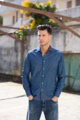 Xacus - Camicia Collo Francese Tinta Unita Tela Blue Jeans