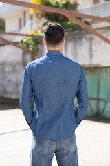 Xacus - Camicia Collo Francese Tinta Unita Tela Blue Jeans