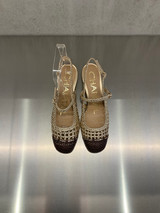 Chantal - Slingback in pelle intrecciata platino con punta tonda marrone