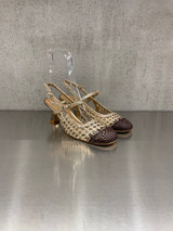 Chantal - Slingback in pelle intrecciata platino con punta tonda marrone