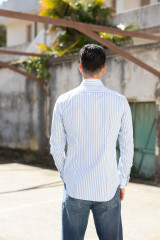 Xacus - Camicia Collo Francese Piccolo Righe Popeline Celeste