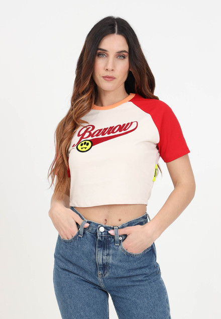 Barrow -  T-shirt crop top bicolore con logo stampato e smile
