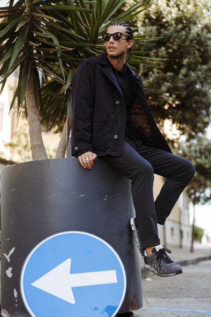 Amaranto - Giacca impermeabile blu con trapuntino interno bronzo