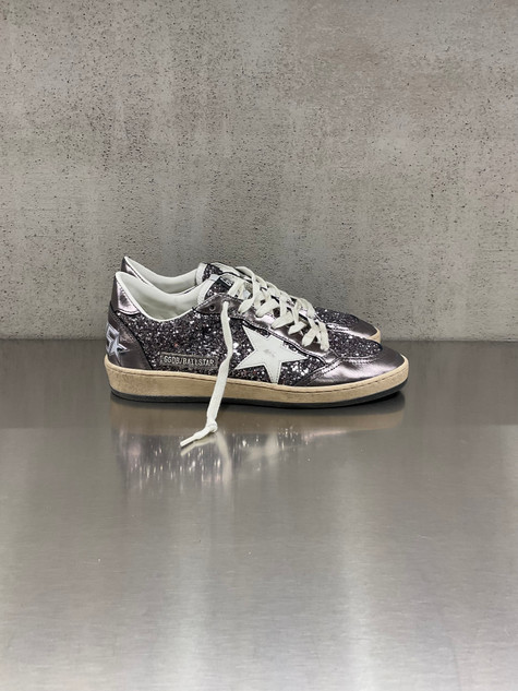 Golden Goose - Ball Star donna in glitter antracite con stella in pelle bianca e talloncino in pelle laminata