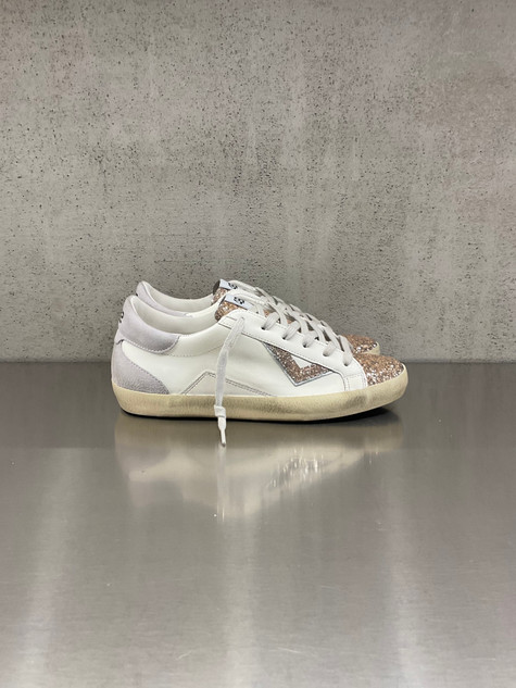 4B12 - Sneakers SUPRIME-D8008 in pelle bianca con linguetta e logo glitterati in oro rosa