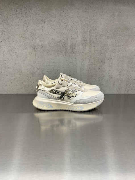 Premiata - Sneakers Lauryn in pelle e tessuto tecnico beige con dettagli pitonati