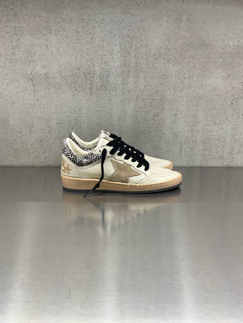 Golden Goose - Ball Star donna in pelle crema con stella tortora e talloncino in cavallino leo zebrato