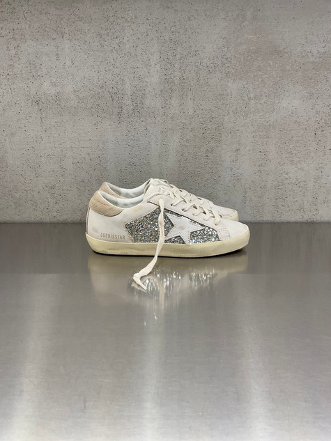 Golden Goose - Super-Star donna in pelle avorio con glitter argento e stella in pelle avorio