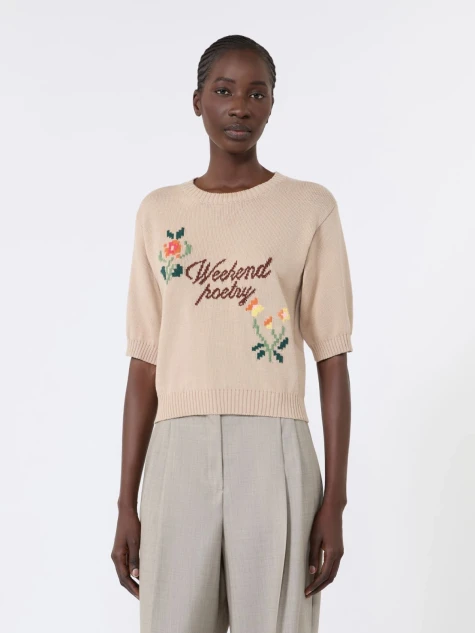 Max Mara Weekend - Maglia Fiacre a maniche corte in filato di cotone con ricami sabbia