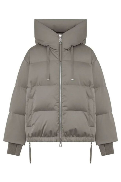 Duno - Piumino Heka corto oversize in raso tecnico tortora con dettaglo di muffole e cappuccio