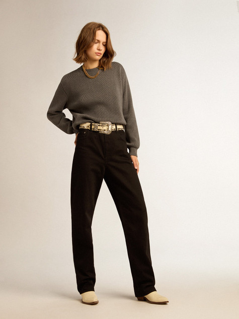 Golden Goose - Maglione girocollo da donna in cotone grigio scuro con logo sul retro