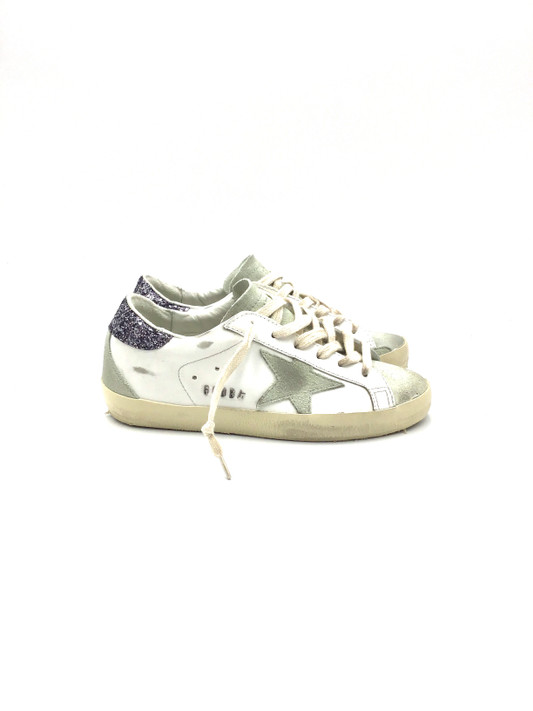 Golden Goose - Super-Star donna in pelle bianca con talloncino glitter antracite