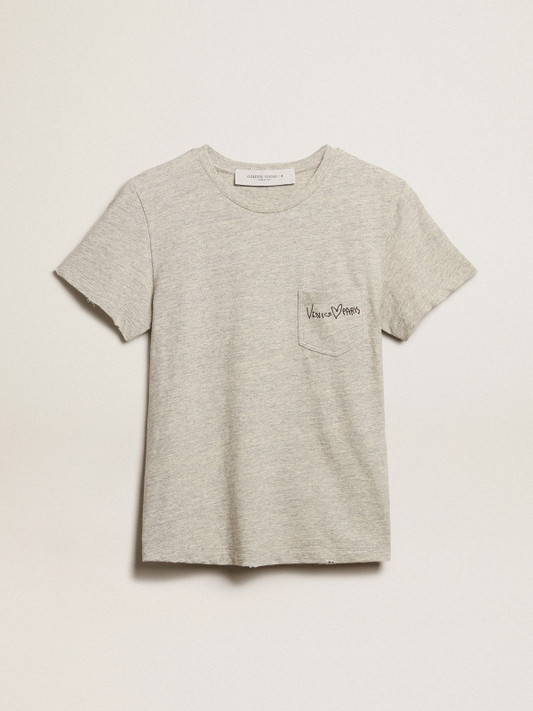 Golden Goose - T-Shirt da donna in cotone grigio melange e scritta ricamata sul taschino