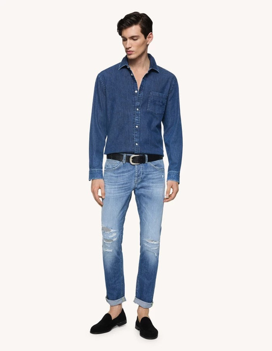 Dondup - Jeans George skinny in denim stretch blu lavaggio medio chiaro rammendato