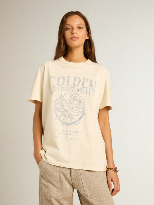 Golden Goose - T-shirt da donna bianco burro con stampa