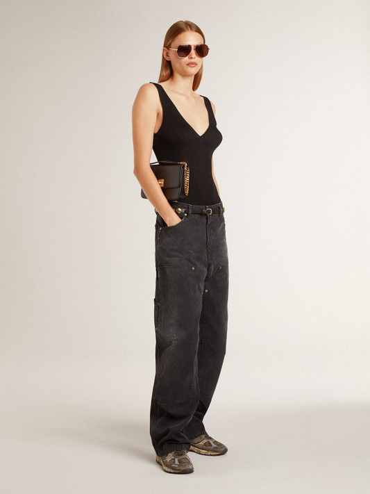 Golden Goose - Jeans da donna in cotone di colore nero con effetto distressed con patch frontali Golden Goose - Jeans da donna in cotone di colore nero con effetto distressed con patch frontali