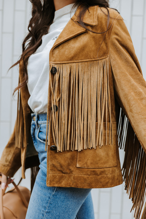 Golden Goose - Giacca da donna in suede color tabacco con frange