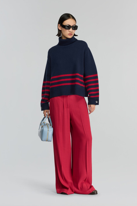 Semicouture - Maglia Elisa dolcevita in misto cachemire blu a righe rosse Semicouture - Maglia Elisa dolcevita in misto cachemire blu a righe rosse