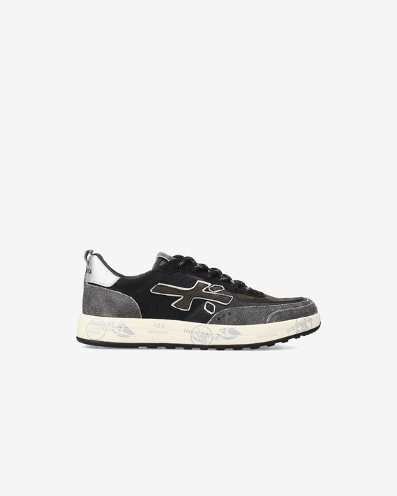 Premiata - Sneakers Nous in pelle verde bosco e tessuto tecnico nero Premiata - Sneakers Nous in pelle verde bosco e tessuto tecnico nero