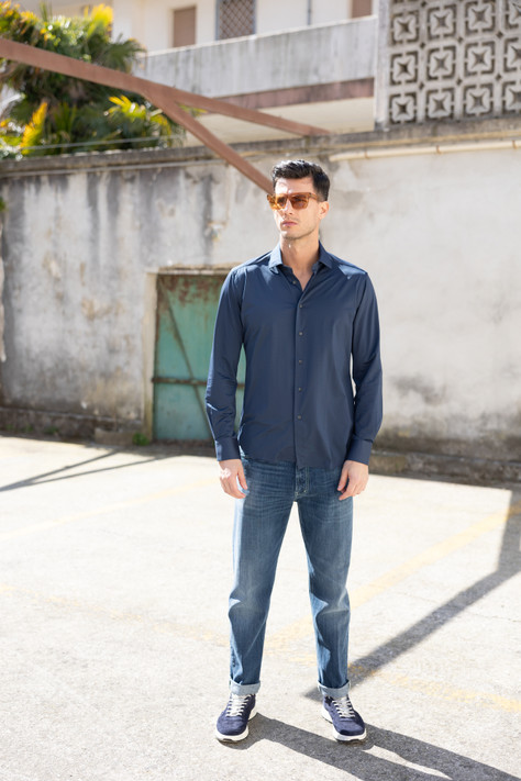 Xacus - Camicia Collo Francese Tinta Unita Twill blu