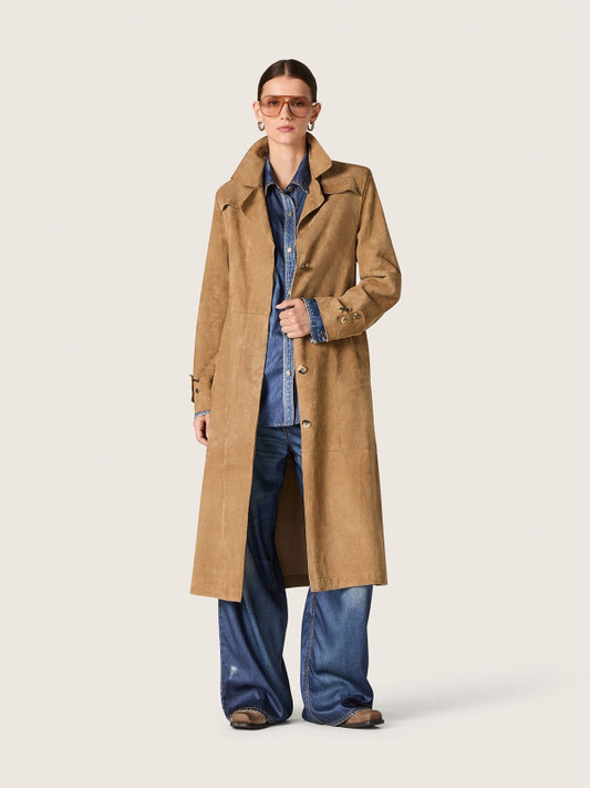 Golden Goose - Trench da Donna in suede color sabbia con cintura in vita