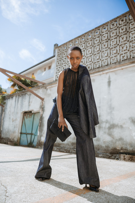 Dondup - Jeans Amber cinque tasche wide leg fit in denim seta blu fisso