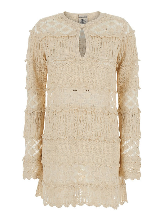 Semicouture - Abito Alvina in cotone lavorato ad uncinetto beige