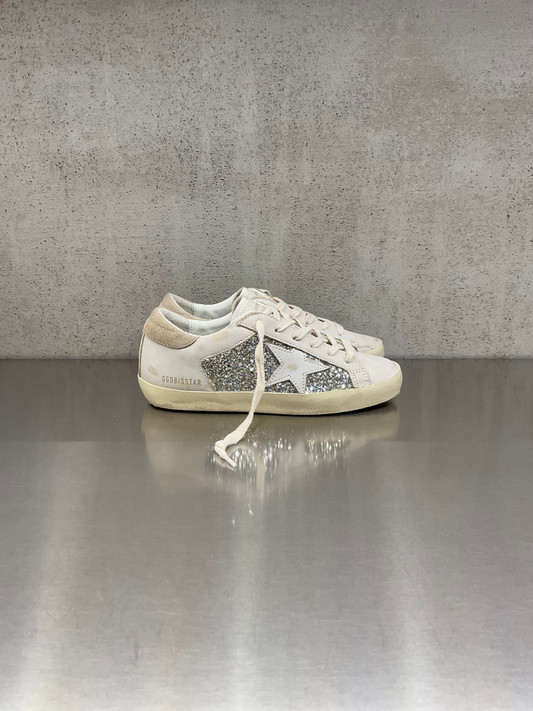 Golden Goose - Super-Star donna in pelle avorio con glitter argento e stella in pelle avorio