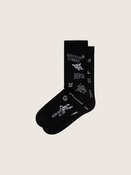 Golden Goose - Calzini a costine di colore nero con stampa scarabocchi bianca