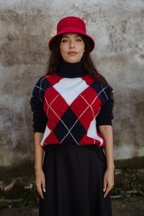 Semicouture - Maglia dolcevita Cipriana in misto alpaca blu a rombi rossi