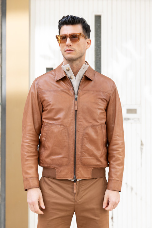 Bully - Giacca uomo a bomber in pelle cognac