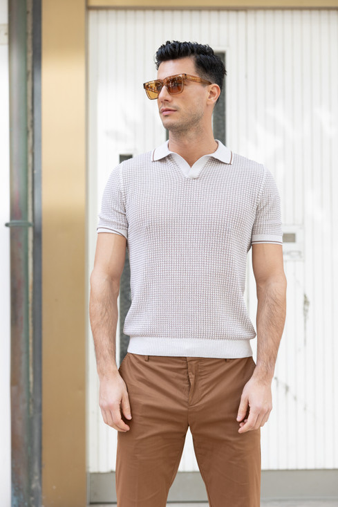 Gran Sasso - Polo skipper in maglia traforata bicolor panna moro