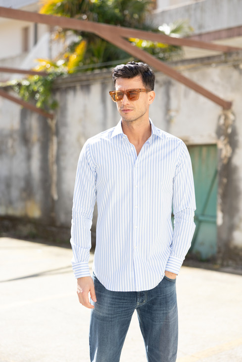 Xacus - Camicia Collo Francese Piccolo Righe Popeline Celeste
