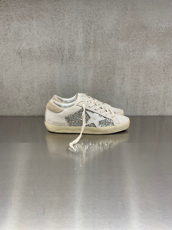 Golden Goose - Super-Star donna in pelle avorio con glitter argento e stella in pelle avorio
