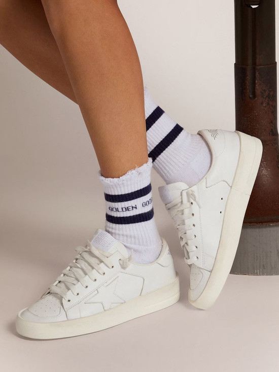 Golden Goose - Calzini in cotone con finiture distressed, stripes blu e logo