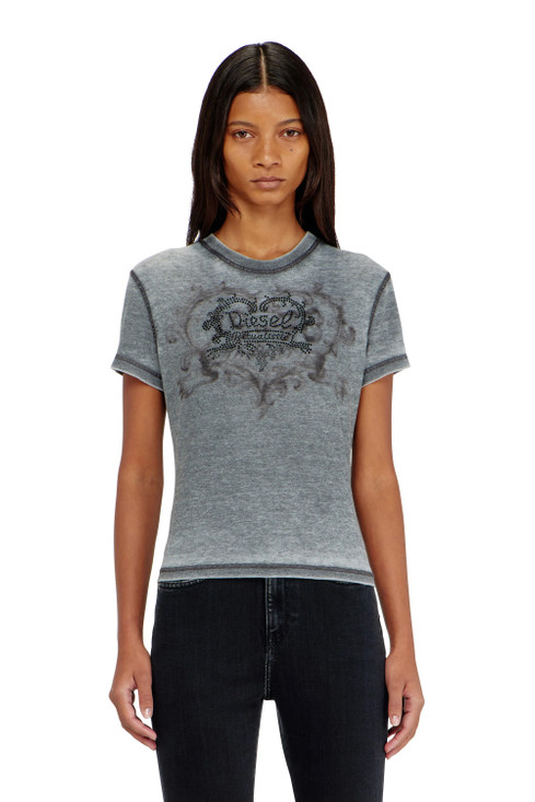 Diesel - T-shirt in jersey con strass ed effetto burnout grigio