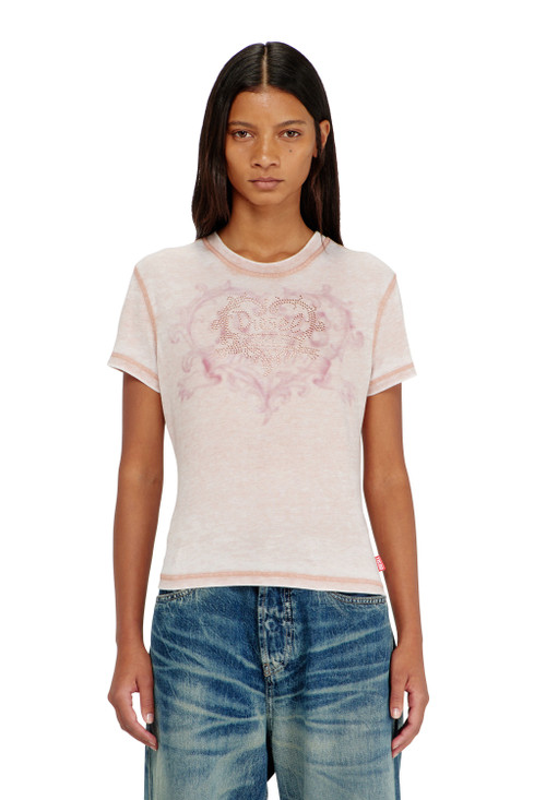 Diesel - T-shirt in jersey con strass ed effetto burnout cipria
