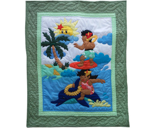 Hawaiian Baby Quilt SURFING KEIKIS Green Style Hawaii