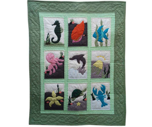 Hawaiian Quilt Baby Blanket : 9 Sea life Squares - Green Hawaiian Quilt Baby Blanket : 9 Sea life Squares - Green