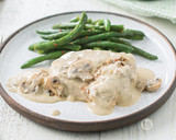 Seared Pork with Mushroom Artichoke Sauce