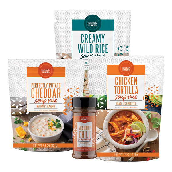Tastefully Simple soup mixes including Creamy Wild Rice, Perfectly Potato Cheddar, and Chicken Tortilla, with Wahoo! Chili® Seasoning.