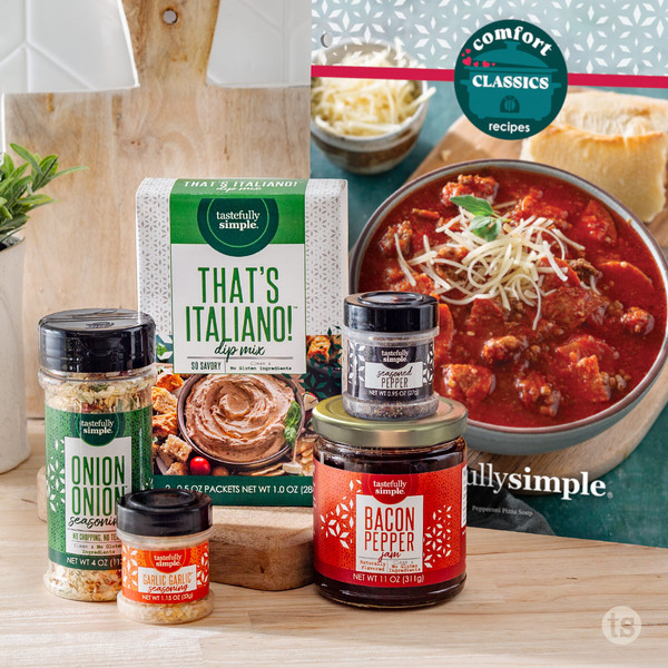 Tastefully Simple That's Italiano! Dip Mix, Onion Onion™ Seasoning, Garlic Garlic™ Seasoning, Seasoned Pepper, Bacon Pepper Jam, and Comfort Classics recipe booklet.